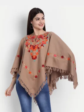 Woollen Poncho with Kashmiri Embroidery and Silk Lining | Brown