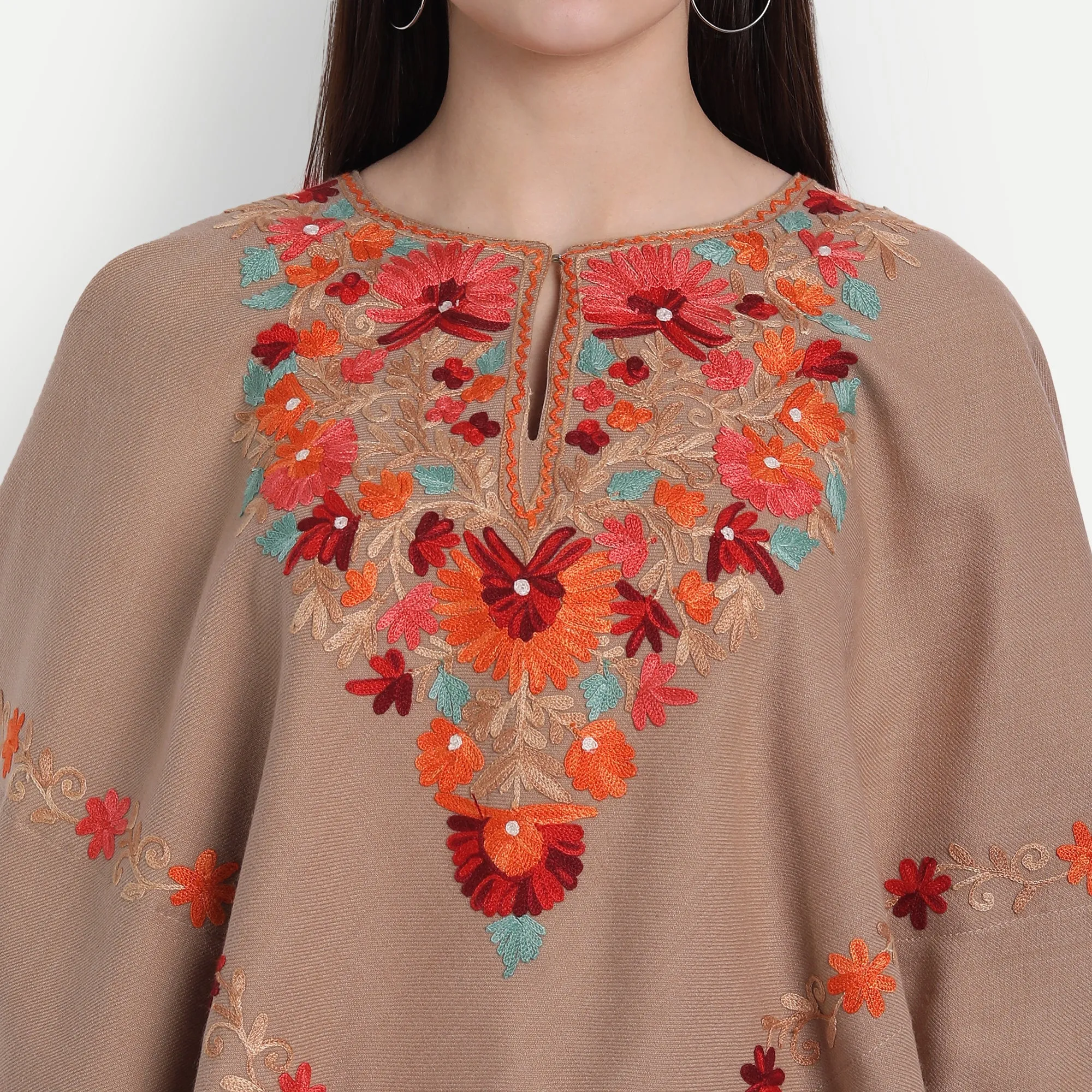 Woollen Poncho with Kashmiri Embroidery and Silk Lining | Brown