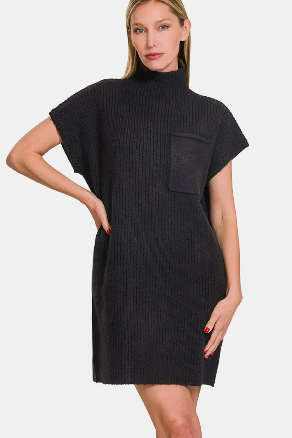 Zenana Short Sleeve Sweater Mini Dress - Black
